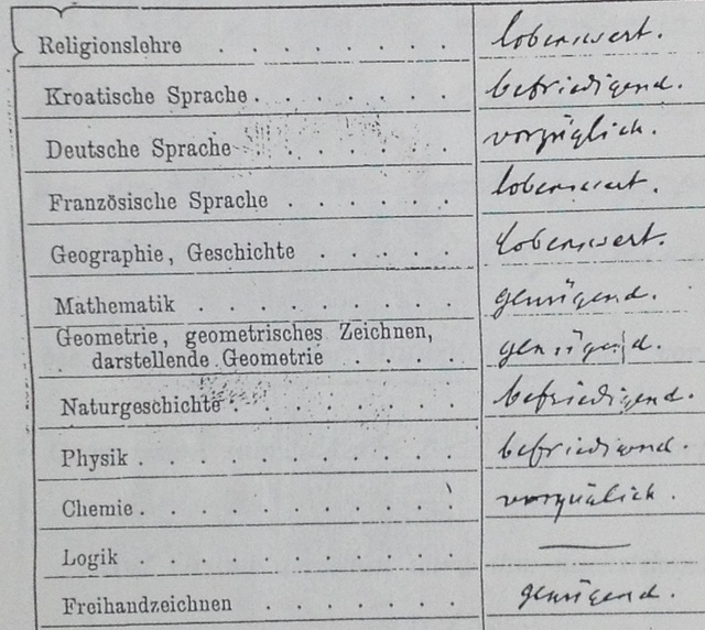 Kroatische Sprache u Teslinoj maturalnoj diplomi iz 1873. (prijepis iz 1885.)