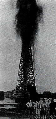 Antun Lucic with colleagues at 18m derrick and 60m geyser of oil gushes (photo from sln.fi.edu, folow the link in text)