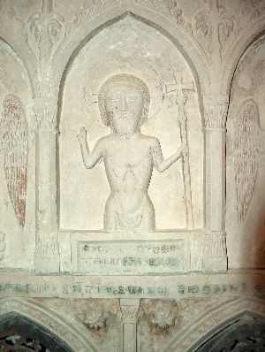 Custody of Benko from Socerga, 1461, with Croatian glagolitic inscription in stone, parish chruch in Predloka